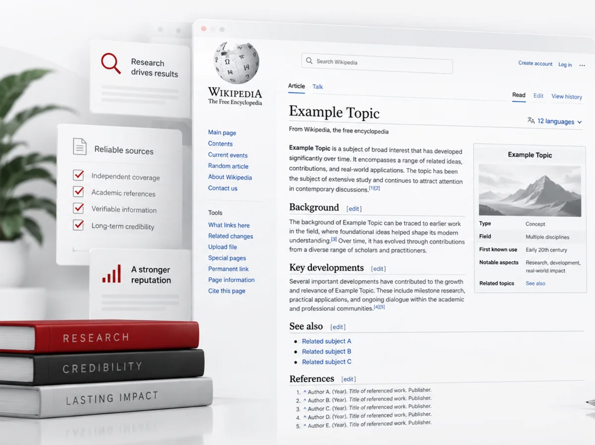 Illustration of a Wikipedia article alongside research notes and a reliable sources checklist.
