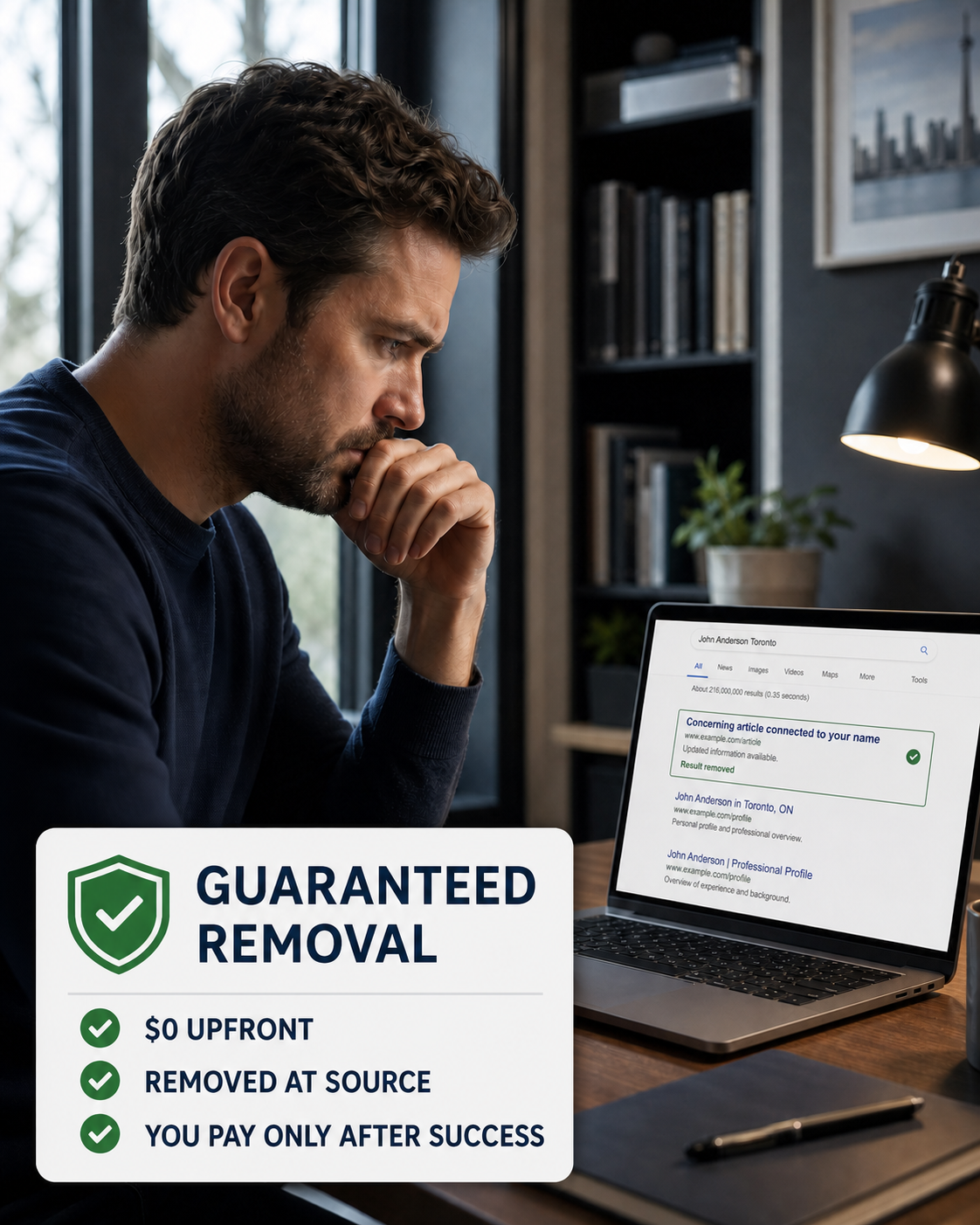 Concerned man reviewing harmful online search results with guaranteed-removal terms