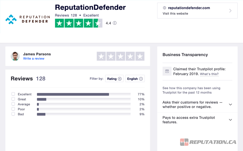 Reputation Defender on TrustPilot