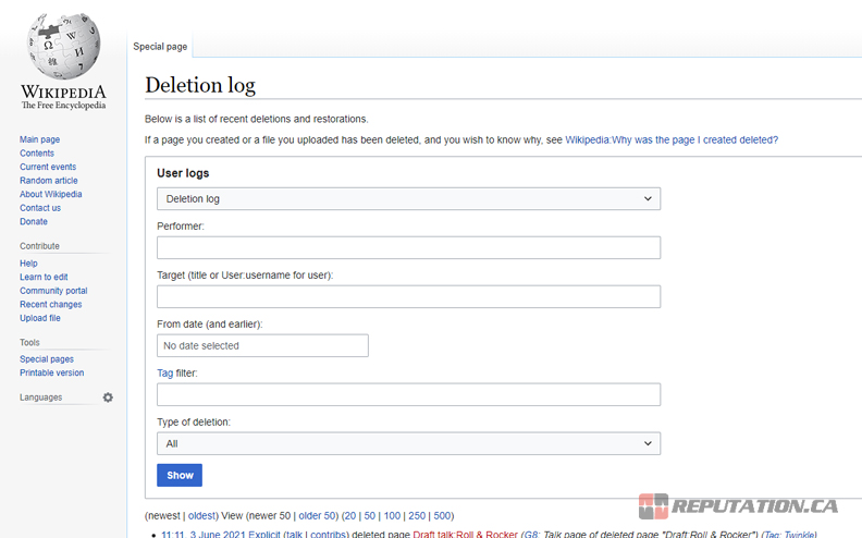 Wikipedia Deletion Log