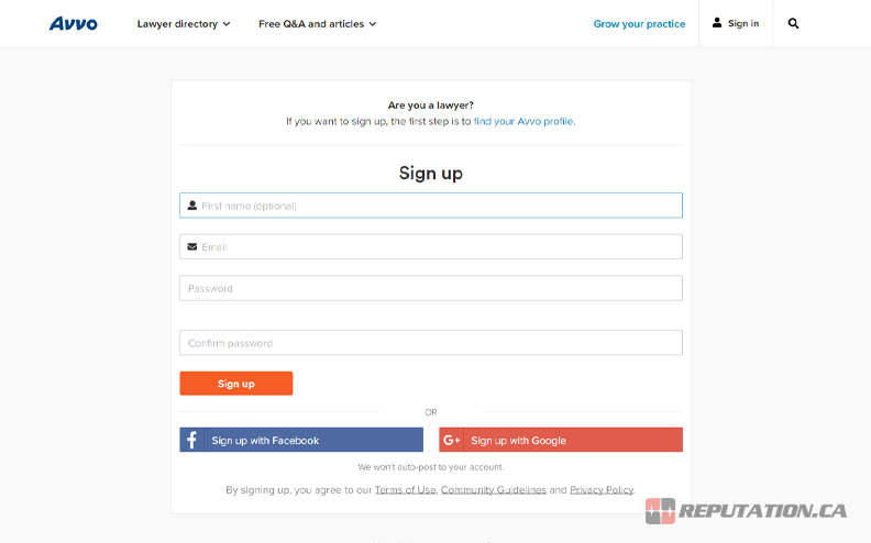 Avvo Sign Up