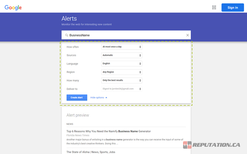 Google Alert Options