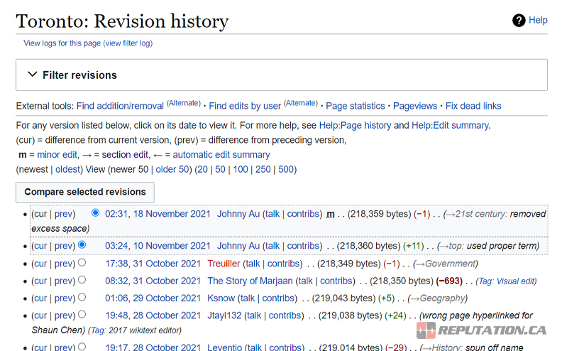 Wikipedia Revisions History