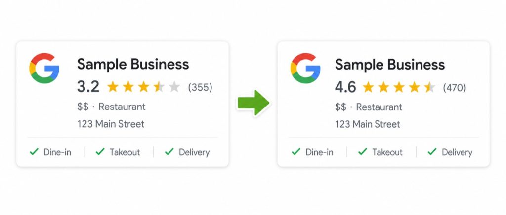 Sample business Google rating improving from 3.2 to 4.6 stars
