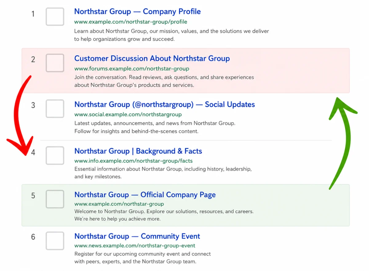 Search results showing negative content moving down and positive content moving up