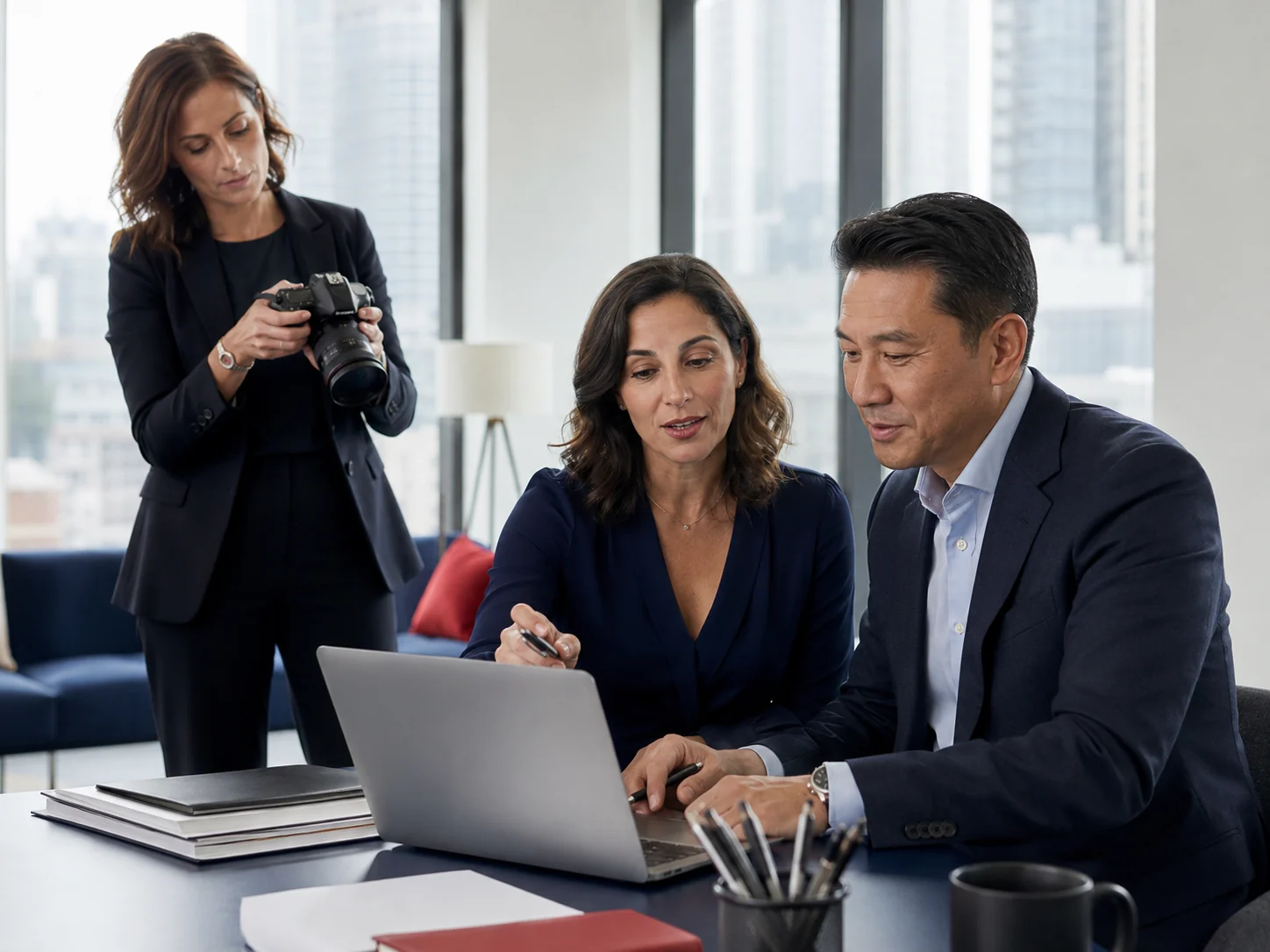 Reputation strategists developing professional content with a business executive