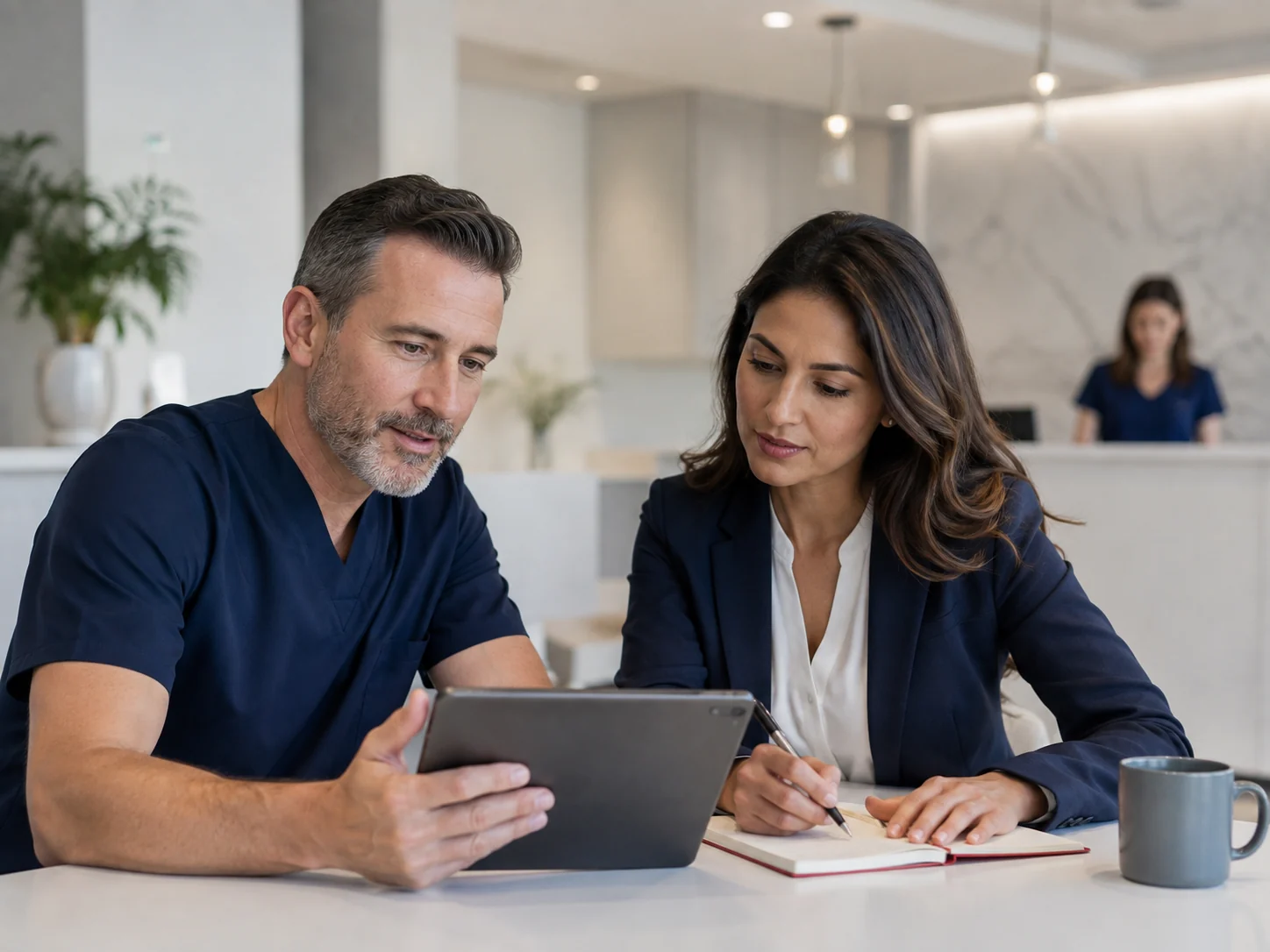 Business owner and reputation specialist reviewing customer feedback