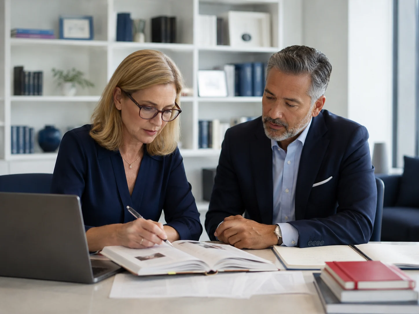 Editorial researcher reviewing reliable sources with a business executive