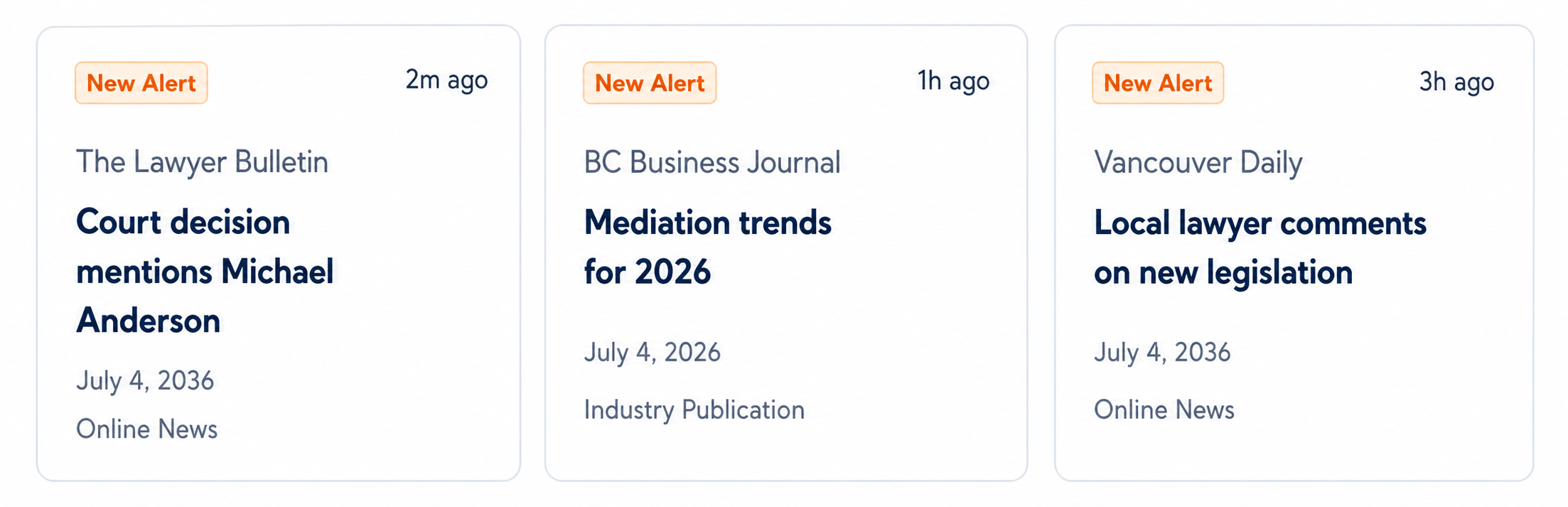 Fictional online media monitoring alerts with headlines, sources and dates